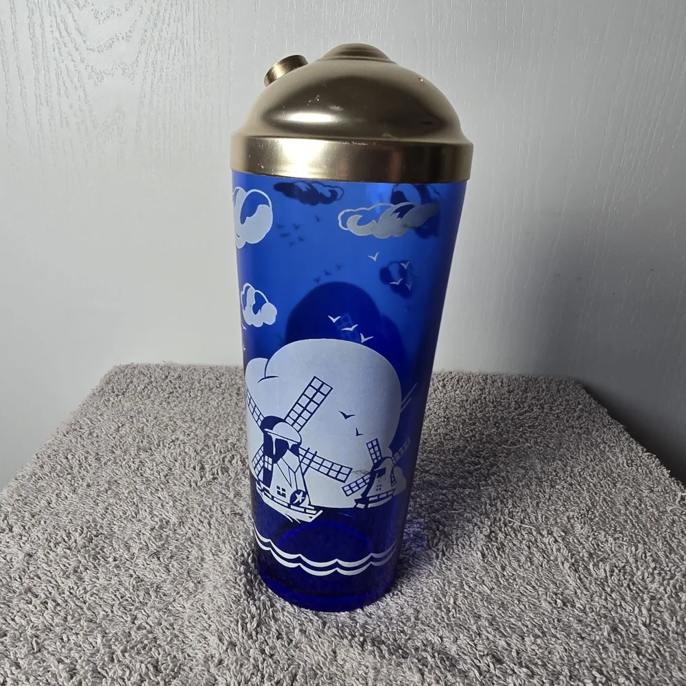 Vintage Hazel Atlas Cobalt Blue Art Deco Cocktail Shaker Windmill Pattern No Cap